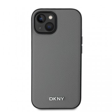 DKNY PU Leather Silver Metal Logo Magsafe Case for iPhone 15 Grey