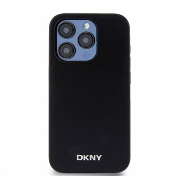 DKNY PU Leather Silver Metal Logo Magsafe Case for iPhone 15 Pro Black