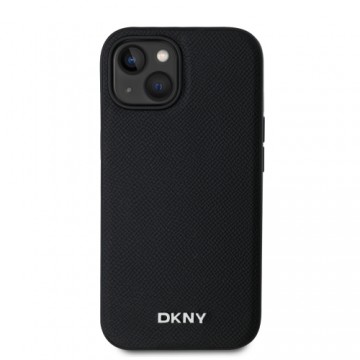 DKNY PU Leather Silver Metal Logo Magsafe Case for iPhone 15 Black