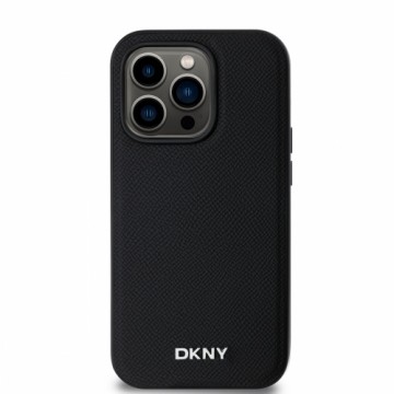 DKNY PU Leather Silver Metal Logo Magsafe Case for iPhone 14 Pro Max Black