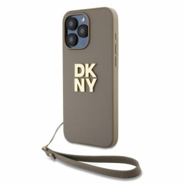 DKNY PU Leather Stack Logo Wrist Strap Case for iPhone 14 Pro Max Beige