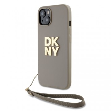 DKNY PU Leather Stack Logo Wrist Strap Case for iPhone 13 Beige