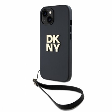 DKNY PU Leather Stack Logo Wrist Strap Case for iPhone 13 Black