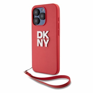 DKNY PU Leather Stack Logo Wrist Strap Case for iPhone 15 Pro Red