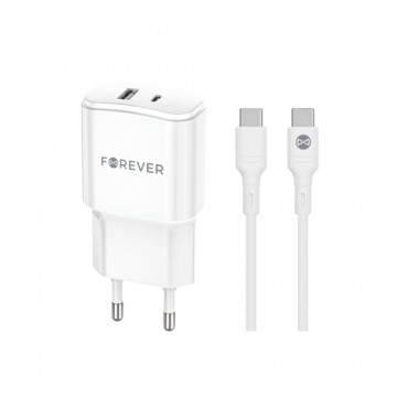 Forever TC-01-20AC PD QC charger 1x USB-C 1x USB 20W white + USB-C - USB-C cable 20W