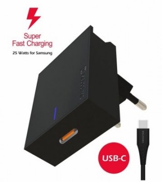 Swissten Premium 25W Samsung Super Fast Charging lādētājs ar 1.2 m USB-C uz USB-C kabeli Melns