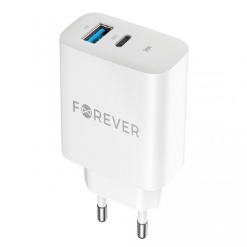 Forever TC-07 PD QC charger 1x USB-C 1x USB 30W white + USB-C - USB-C cable 60W