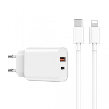 WIWU wall charger Wi-U002 PD + QC 20W 1x USB 1x USB-C white + cable USB-C - Lightning