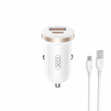 XO car charger CC56 PD 30W QC 1x USB 1x USB-C white + USB - microUSB cable