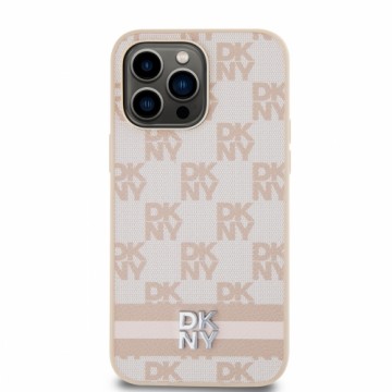 DKNY PU Leather Checkered Pattern and Stripe Case for iPhone 15 Pro Max Pink