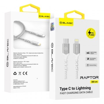 Blavec Cable Raptor braided - Type C to Lightning - PD 20W 2,4A 3 metres (CRA-CL24WS30) white-silver