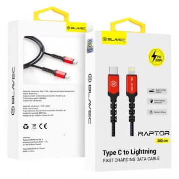 Blavec Cable Raptor braided - Type C to Lightning - PD 20W 2,4A 3 metres (CRA-CL24BR30) black-red