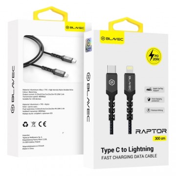 OEM Blavec Cable Raptor braided - Type C to Lightning - PD 20W 2,4A 3 metres (CRA-CL24BG30) black-grey