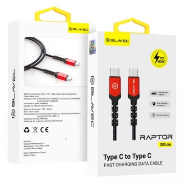 OEM Blavec Cable Raptor braided - Type C to Type C - PD 60W 3A 3 metres (CRA-CC3BR30) black-red