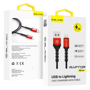 OEM Blavec Cable Raptor braided - USB to Lightning - 2A 3 metres (CRA-UL2BR30) black-red