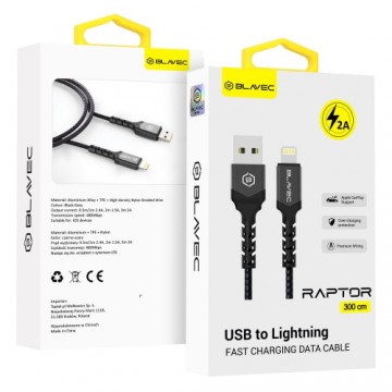 OEM Blavec Cable Raptor braided - USB to Lightning - 2A 3 metres (CRA-UL2BG30) black-grey