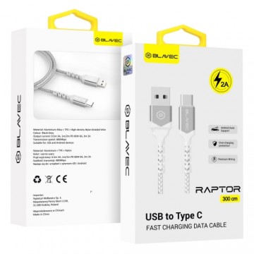 Blavec Cable Raptor braided - USB to Type C - 2A 3 metres (CRA-UC2WS30) white-silver