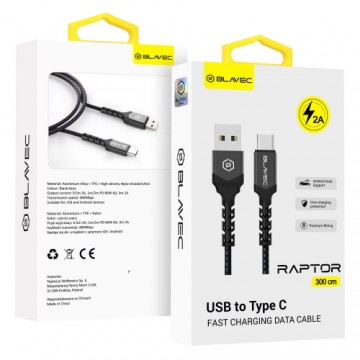 OEM Blavec Cable Raptor braided - USB to Type C - 2A 3 metres (CRA-UC2BG30) black-grey