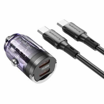 OEM Borofone Car charger BZ29B Outstanding - 2xType C - PD 36W 3A with Type C to Type C cable transparent-purple