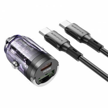 OEM Borofone Car charger BZ29A Talented - USB + Type C - QC 3.0 PD 36W 3A with Type C to Type C transparent-purple