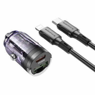 OEM Borofone Car charger BBZ29A Talented - USB + Type C - QC 3.0 PD 36W 3A with Type C to Lightning transparent-purple