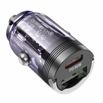 Borofone Car charger BZ29A Talented - USB + Type C - QC 3.0 PD 36W 3A transparent-purple