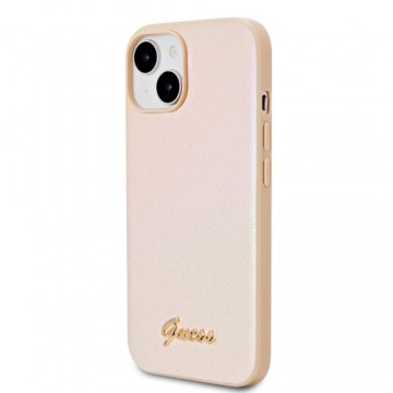 Guess PU Leather Iridescent Metal Script Case for iPhone 15 Gold