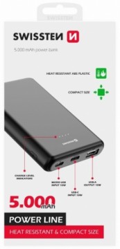 Swissten Line Power Banka Ārējās Uzlādes Baterija USB | USB-C | Micro USB | 10W | 5000 mAh