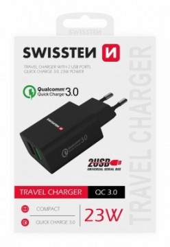 Swissten Premium Tīkla Lādētājs 2x USB | QC3.0 23W Melns