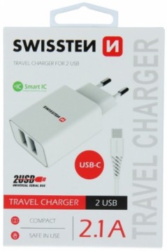 Swissten Smart IC Tīkla Lādētājs 2x USB 2.1A ar USB-C vadu 1.2 m Balts