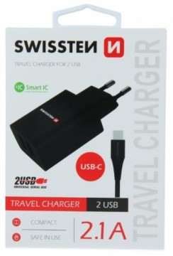 Swissten Smart IC Tīkla Lādētājs 2x USB 2.1A ar USB-C vadu 1.2 m Melns