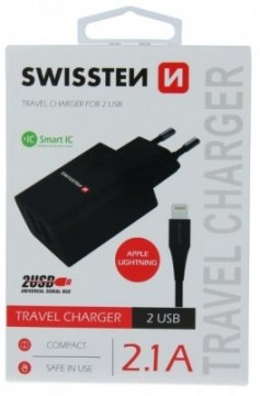 Swissten Smart IC Tīkla Lādētājs 2x USB 2.1A Ar Lightning (MD818) vadu 1.2 m Melns