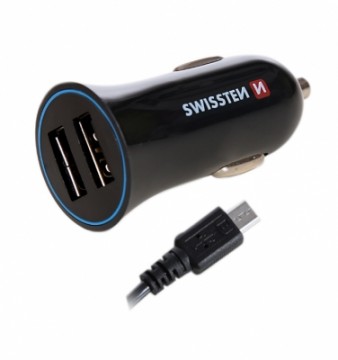 Swissten Premium Auto Lādētājs 12 | 24V | 1A + 2.1A un Micro USB vads 150 cm Melns