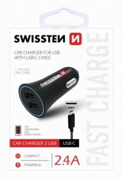 Swissten Premium Auto Lādētājs 12 | 24V | 1A + 2.1A + USB-C Datu Kabelis 100 cm Melns