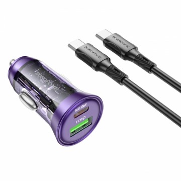 OEM Borofone Car charger BZ26A Shadow - USB + Type C - PD 43W 3A with Type C to Type C cable transparent-purple