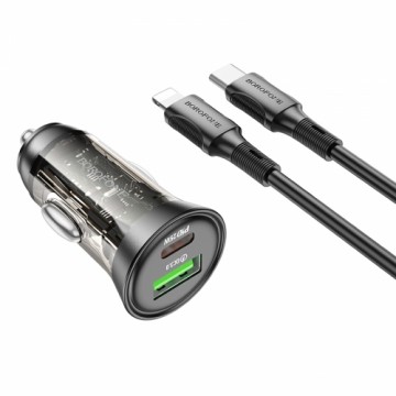 OEM Borofone Car charger BZ26A Shadow - USB + Type C - PD 43W 3A with Type C to Lightning cable transparent-black