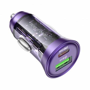 Borofone Car charger BZ26A Shadow - USB + Type C - PD 43W 3A transparent-purple