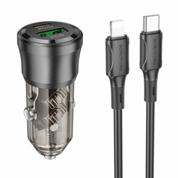 OEM Borofone Car charger BZ25 Journey - USB + Type C - PD 38W 3A with Type C to Lightning cable black