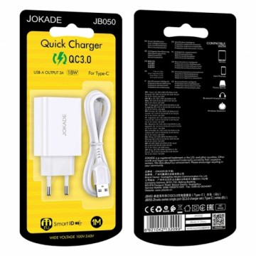 Jokade JB050 lādētājs | 18W | 3A + USB-C kabelis 1m balts