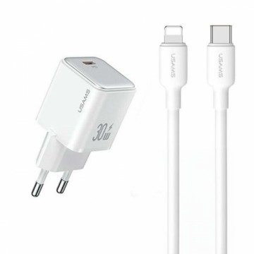 USAMS Ład. siec. 1xUSB-C PD30W PD3.0 Fast Charging US-CC186 + kabel USB-C|Lightning US-SJ610 biały|white YX Series YXXLOGTC04