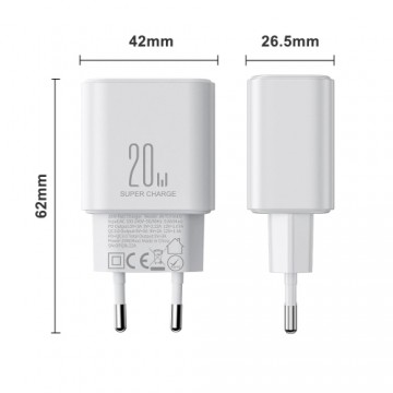 Joyroom JR-TCF05 20W USB-C | USB-A Fast Dual Port Wall Charger - White + USB-C - Lightning 1m