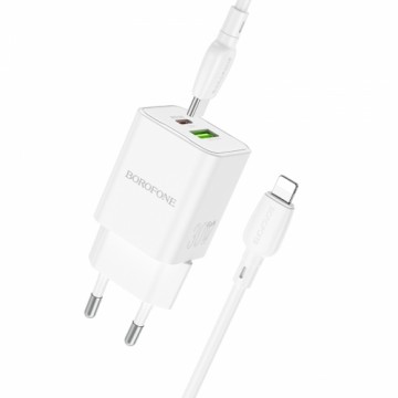 OEM Borofone Wall charger BN14 Royal - USB + Type C - QC 3.0 PD 30W with Type C to Lightning cable white