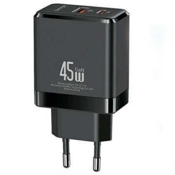 USAMS 1xUSB-C+1xUSB 45W (only charger) GaN PD3.0 +QC3.0 Fast Charger| Black  (US-CC178)