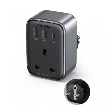 Wall charger 30W (2xUSB|USB C|AC) | UK - EU adapter 13A Ugreen CD314 - black