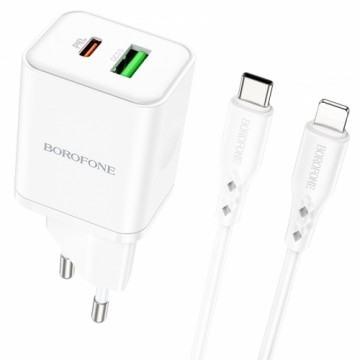 OEM Borofone Wall charger BN7 - USB + Type C - QC 3.0 PD 20W with Type C to Lightning cable white