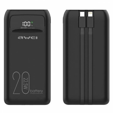 AWEI PowerBank P169K 20000mAh 22.5W czarny|black wyświetlacz + kable PD|Lightning