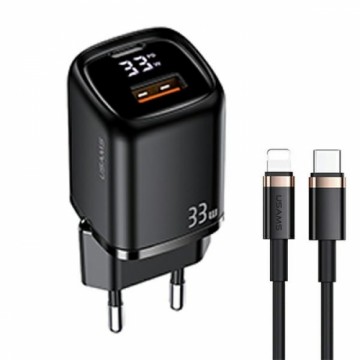 USAMS Ład. siec. 1xUSB-C+1xUSB T46 33W PD3.0 +QC3.0 Fast Charging +kabel U63 USB-C|Lightning czarny|black UDTZ01