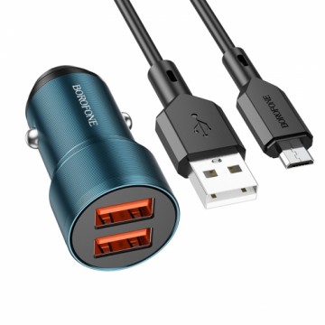 OEM Borofone Car charger BZ19 Wisdom - 2xUSB - 12W with USB to Micro USB cable blue