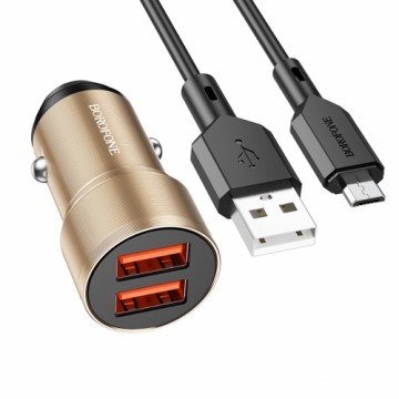 OEM Borofone Car charger BZ19 Wisdom - 2xUSB - 12W with USB to Micro USB cable gold