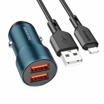 OEM Borofone Car charger BZ19 Wisdom - 2xUSB - 12W with USB to Lightning cable blue